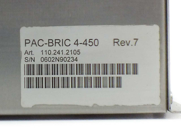 Comsys AG PAC-BRIC 4-450 product label – close-up showing model PAC-BRIC 4-450 Rev.7, Art. 110.241.2105, and serial number barcode