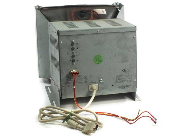 Lucius & Baer CC15V-NET CRT monitor rear panel showing DB15 VGA connector, wiring harness with red and bare leads, and CE marking label