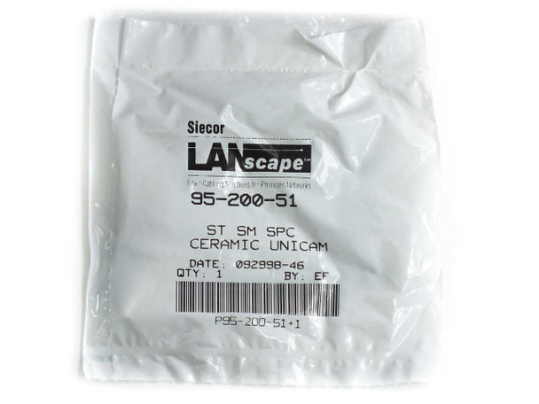 Siecor LANscape 95-200-51 ST SM SPC Ceramic Unicam connector rear of sealed package showing product label with part number, date code 092898-46, qty 1, and barcode P95-200-51+1