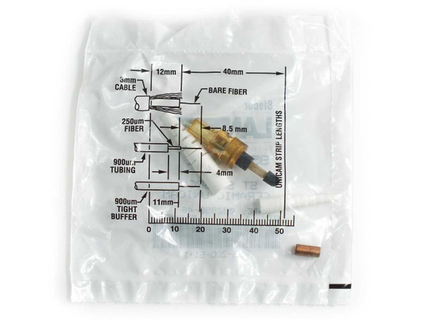 Siecor LANscape 95-200-51 ST SM SPC Ceramic Unicam fiber optic connector shown in sealed clear package with Unicam strip-length measurement guide printed on bag