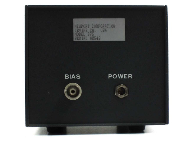 Newport 875 PIN Photodiode Supply – rear panel close-up showing BIAS and POWER BNC outputs and identification label Serial 02543