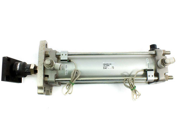 SMC CDBA2F80-250 pneumatic cylinder – left side view showing label on barrel, end lock mechanism, floating joint, and front flange mount