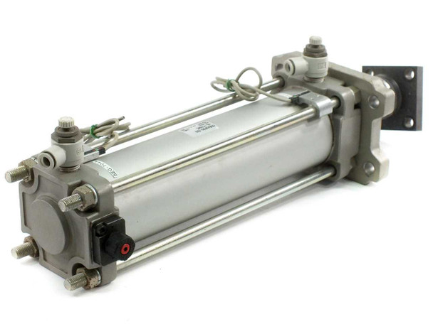 SMC CDBA2F80-250 pneumatic cylinder – right rear three-quarter view showing auto switch wiring, port fittings, and front flange bracket