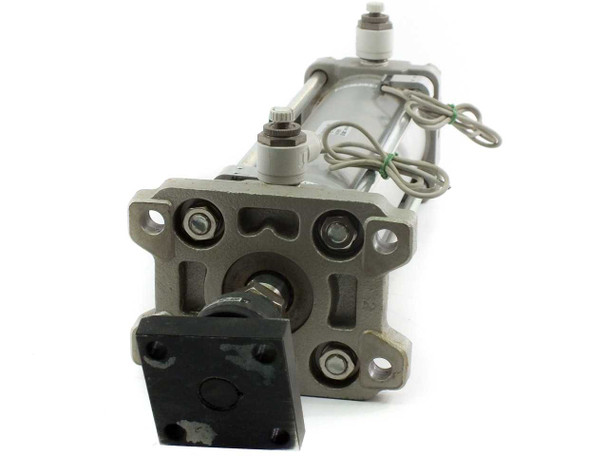 SMC CDBA2F80-250 pneumatic cylinder – rear cap and front flange end view showing four tie rod nuts, port fittings, and floating joint assembly