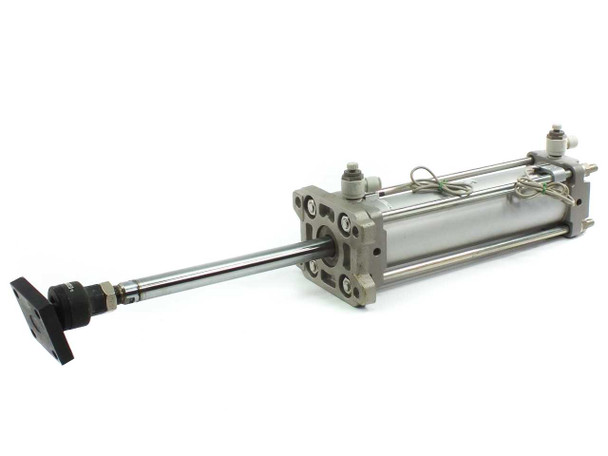 SMC CDBA2F80-250 pneumatic cylinder with piston rod fully extended – right side profile view showing tie rods and end lock body
