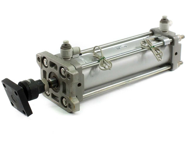 SMC CDBA2F80-250 tie-rod pneumatic cylinder with end lock and floating joint attached – left side view showing rod extended and flange mount