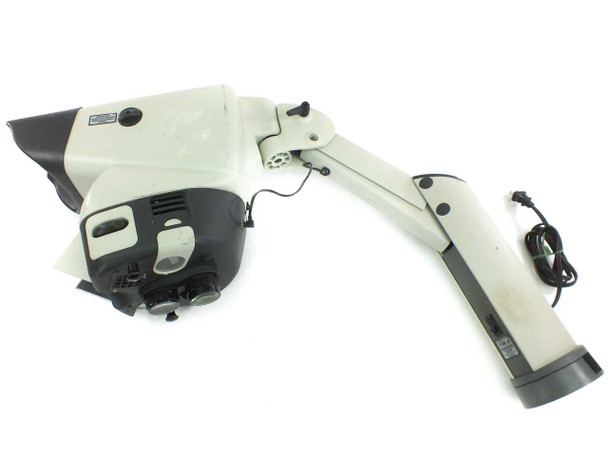 Vision Engineering Mantis microscope — left-side full-length view of articulating boom arm with power cord visible, head tilted down