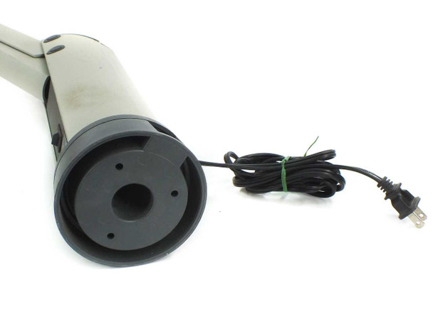 Vision Engineering Mantis microscope — close-up of column base bottom showing mounting hole and power cord with US two-prong plug