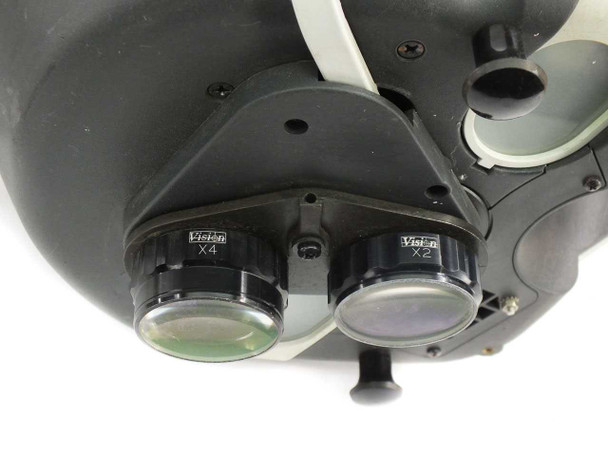Vision Engineering Mantis microscope — underside of head showing Vision X4 and Vision X2 objective lenses installed in turret