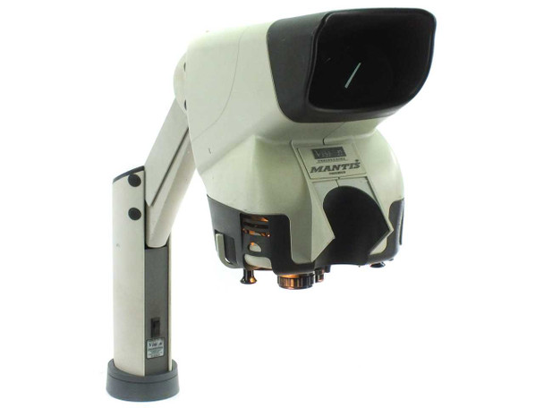 Vision Engineering Mantis stereo microscope — three-quarter front view showing eyepieceless head, articulating arm, and MANTIS logo badge
