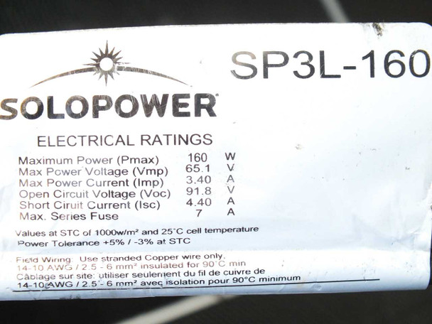 SoloPower SP3L-160 rating label showing full electrical specs: 160W Pmax, 65.1V Vmp, 3.40A Imp, 91.8V Voc, 4.40A Isc