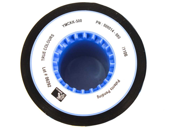 Zebra YMCKK-500 ribbon spool top view showing YMCKK-500 model and PN 800014-980 printed on hub