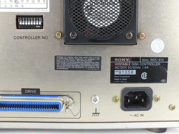 Sony WDC-610 rear panel closeup — rating label showing AC120V 50/60Hz 1.6A, model WDC-610, Made in Japan, MPN 4-407-584-01