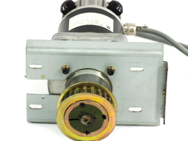 Yaskawa UGRMEM-04MSY41 servo motor gearbox assembly — close-up front view of toothed belt pulley and mounting bracket detail