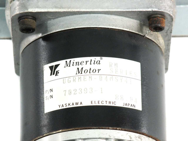 Yaskawa Minertia Motor RM Series label closeup showing model UGRMEM-04MSY41, P/N 702393-1, S/N, and Yaskawa Electric Japan markings