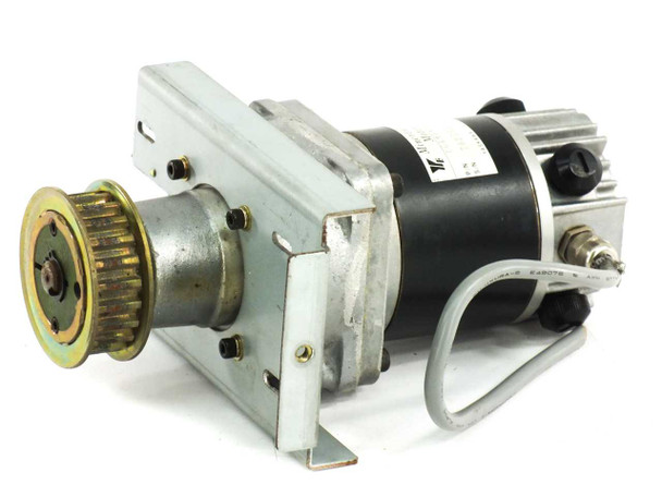 Yaskawa UGRMEM-04MSY41 Minertia RM Series servo motor with 5:1 gearbox and toothed belt pulley — right-side three-quarter view showing full assembly on mounting bracket