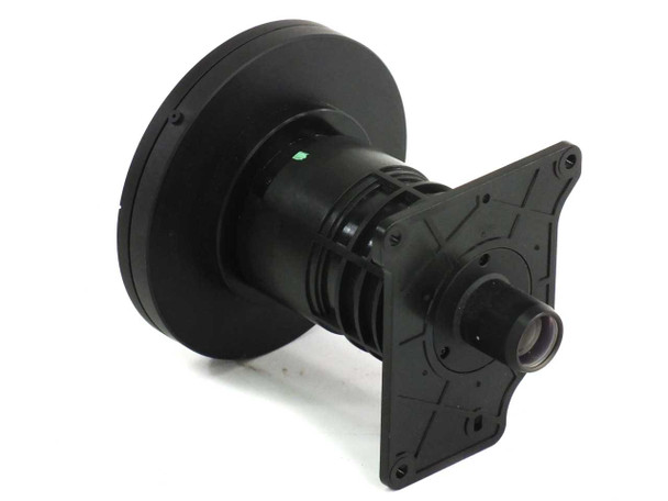 3IN-FE3 fisheye projector lens — rear three-quarter view showing small rear projection aperture and mounting plate
