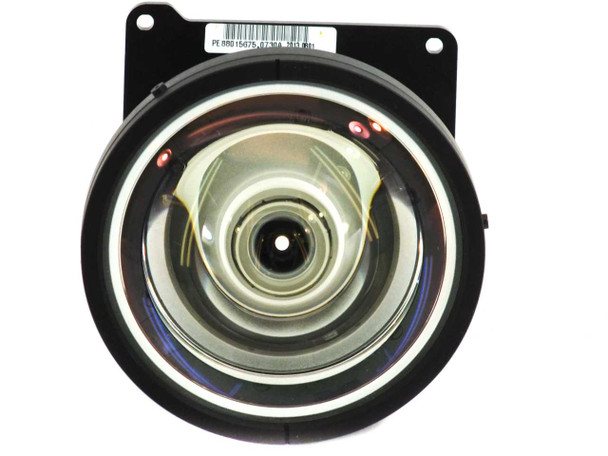 3IN-FE3 concave fisheye lens — straight-on front face view showing multi-element optical assembly and barcode label on plate