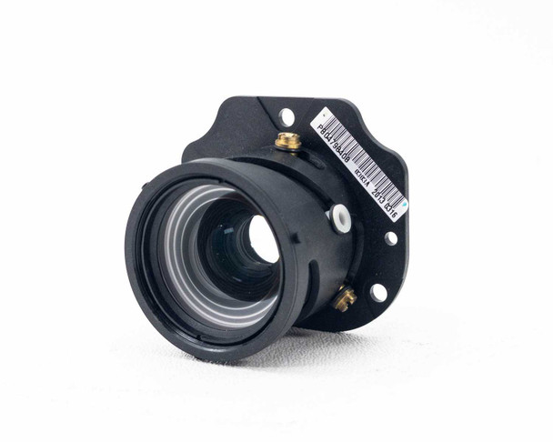 LCD projector 1.25 inch magnifying concave lens assembly with focal adjustment – angled front view showing lens elements and mounting flange