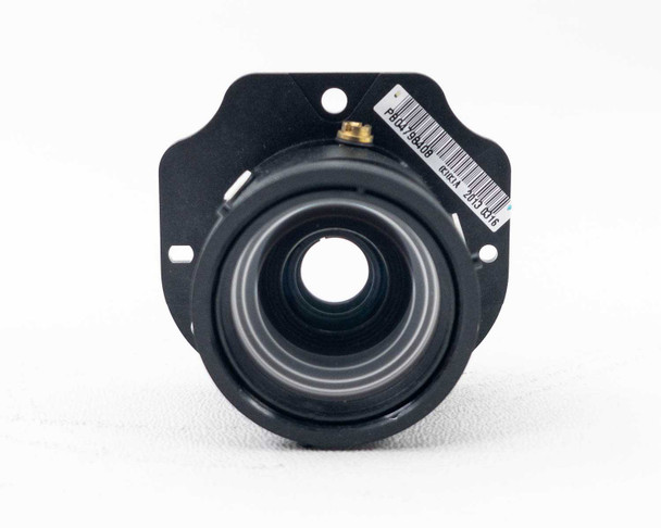 LCD projector concave lens with focal adjustment – straight-on front view showing lens aperture and brass adjustment screws on mounting plate