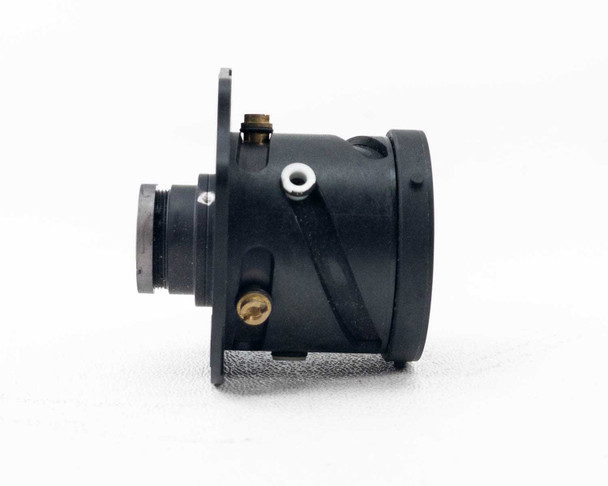 LCD projector lens assembly – right side profile view showing focal adjustment mechanism and brass set screw detail