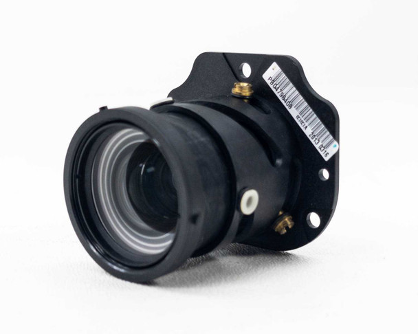 LCD projector 1.25 inch concave lens with focal adjustment – angled three-quarter view showing full assembly with barcode label on flange