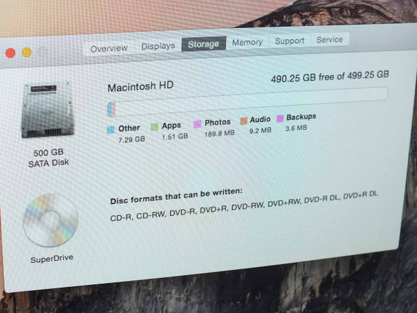 Apple iMac MC508LL/A – System Information Storage tab showing 500GB SATA disk and SuperDrive disc formats