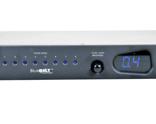 Panamax M4315-PRO front panel close-up showing 8 outlet status LEDs and Volts/Amps digital display