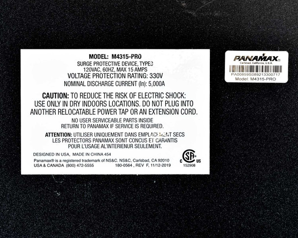 Panamax M4315-PRO rating label showing 120V 60Hz 15A, 330V protection rating, Rev F, 11/12-2019