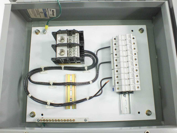 Rittal Electromate E20R166HCR – interior top-down view showing Buss fuse block, DIN rail, terminal blocks, and internal wiring layout