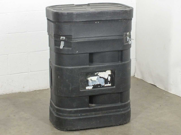 Apex 9904-QS rolling black hard plastic transport case closed, front view with latches and label window