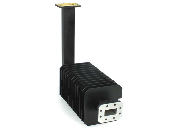 Mitec WR-159 dummy load extender rear view showing WR-159 output flange port and heat sink fins with mounting hardware visible