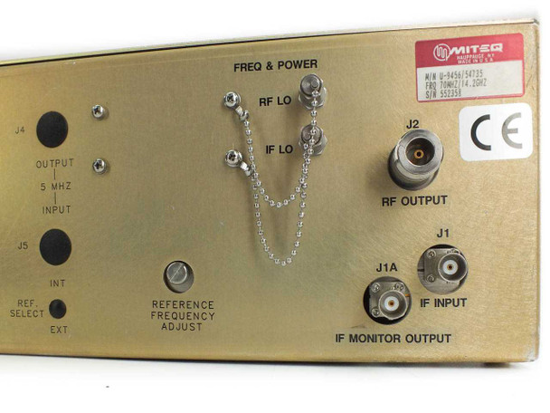 Miteq U-9456 54735 rear panel close-up showing RF LO and IF LO connectors, RF Output (J2), IF Input (J1), IF Monitor Output (J1A), Reference Frequency Adjust, and Miteq label with M/N U-9456/54735, FRQ 70MHz/14.0GHz
