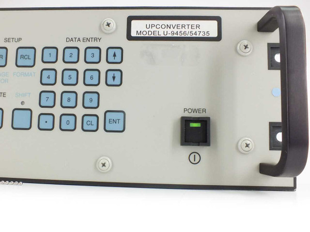 Miteq U-9456 54735 Upconverter front panel label and keypad close-up showing UPCONVERTER MODEL U-9456/54735 designation and SETUP and DATA ENTRY key sections