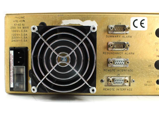Miteq U-9453 rear panel detail showing power input rating plate (100-240V, 250 VA max), cooling fan, and alarm/remote interface DB9 connectors