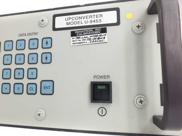Miteq U-9453 upconverter – data entry keypad and power switch detail with Panatron Inc. calibration label