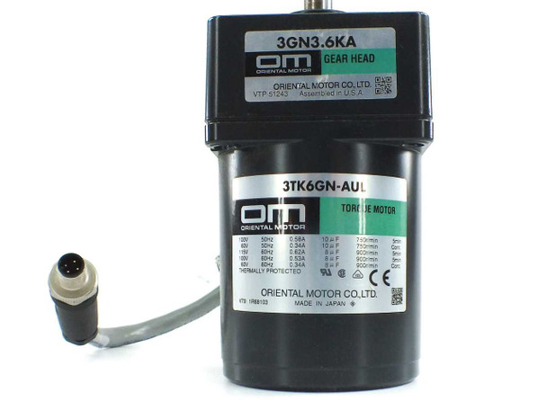 Oriental Motor 3TK6GN-AUL torque motor with 3GN3.6KA gear head – front view showing rating plate with voltage and speed specifications