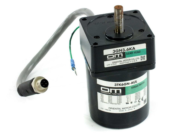 Oriental Motor 3TK6GN-AUL torque motor assembled with 3GN3.6KA gear head and M12 connector cable – front three-quarter view