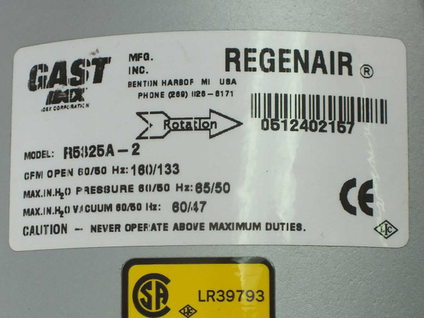 Gast R5325A-2 Regenair Regenerative Blower Max 160 cfm 2.5hp Motor 3 phase