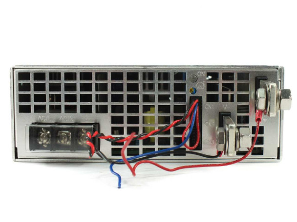 Mean Well RSP-3000-48 output terminal end view — AC input terminal block on left, CN1 and CN2 connectors with red, blue, and black wires, V+ and V- output studs, blue ON indicator LED