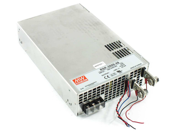 Mean Well RSP-3000-48 3000W switching power supply — angled front view showing MW logo, model label, output terminals with red, blue, and black wiring, and ventilation slots
