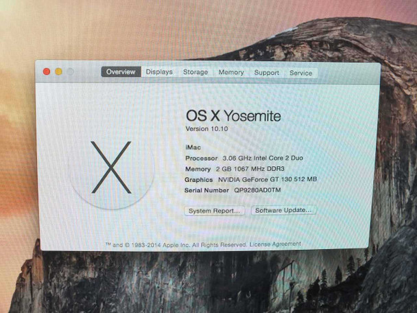 Apple iMac A1225 System Information screen showing OS X Yosemite 10.10, 3.06 GHz Intel Core 2 Duo processor, 2 GB 1067 MHz DDR3 memory, and NVIDIA GeForce GT 130 512 MB