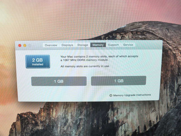 Apple iMac A1225 Memory tab showing 2 GB installed across two 1 GB DDR3 1067 MHz memory slots both in use