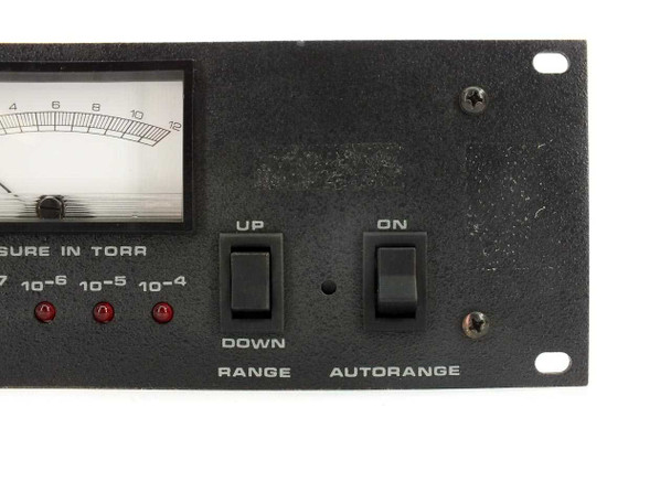Close-up of Granville Phillips 270 front panel right section — ion gauge analog meter, red LED decade indicators (10⁻⁷ through 10⁻⁴), RANGE UP/DOWN toggle, AUTORANGE ON switch; visible surface wear on panel