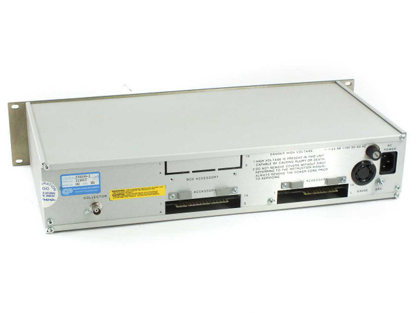 Granville Phillips 270 rear panel showing BCD Accessory and Accessory slots, Collector BNC connector, IEC AC power inlet, and warning label