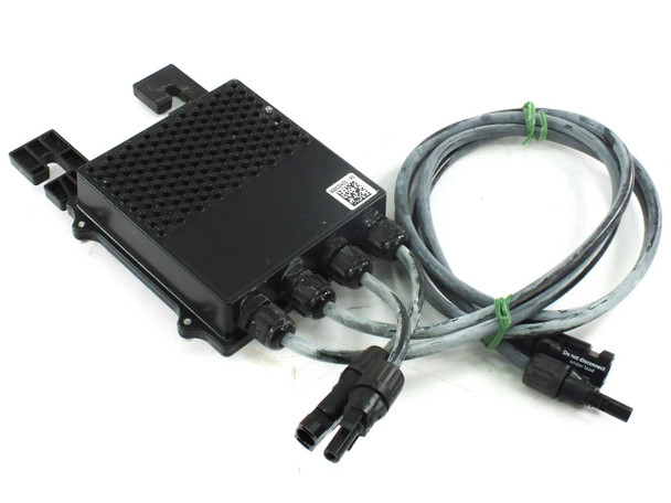 SolarEdge OP400-MV Power Optimizer front view showing black housing with heat-sink top, mounting bracket, waterproof cable connections, and MC4 output connectors with attached wiring harness