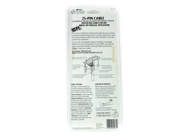 Woods 5984 25-Pin Cable retail package back panel showing product description, specifications, and Woods product family information