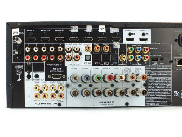 Anthem MRX 710 rear panel close-up showing RS-232, HDMI inputs, analog audio, optical, and speaker outputs