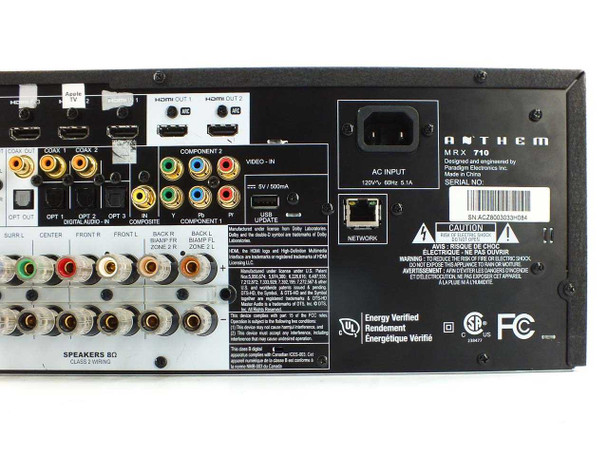 Anthem MRX 710 rear panel detail showing AC input label 120V 60Hz 8.1A, dual HDMI out, USB, and network port