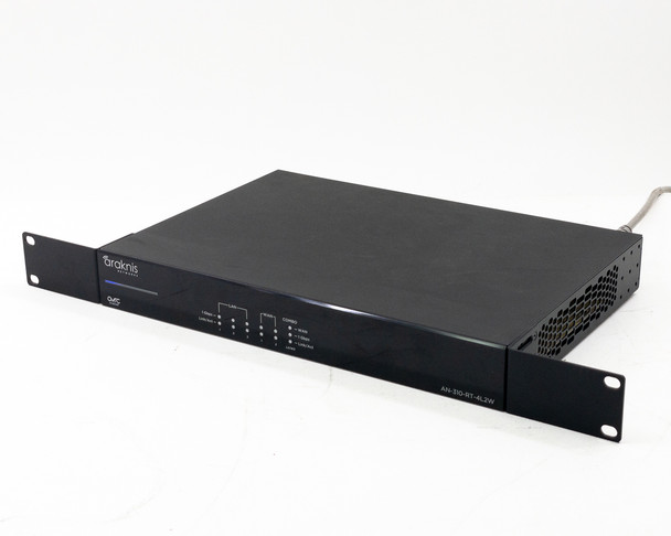 Araknis AN-310-RT-4L2W VPN Router front-left angle view showing 1U rackmount chassis and ventilation